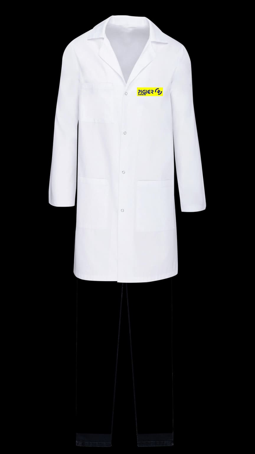 Tenue de laboratoire : blouse blanche à écusson Pigier-Bénin et pantalon noir