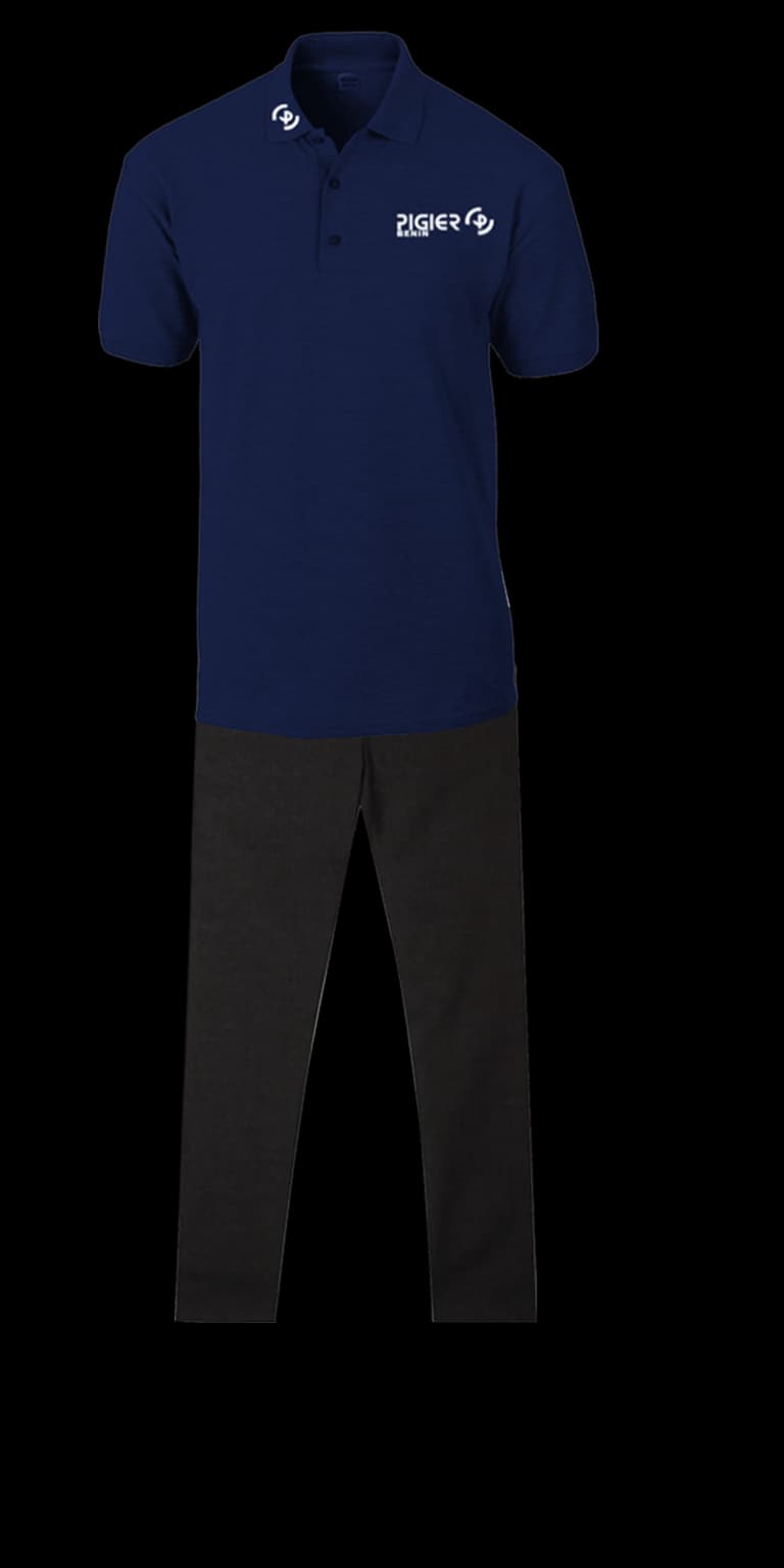 Tenue polo : polo bleu à écusson Pigier-Bénin et pantalon noir