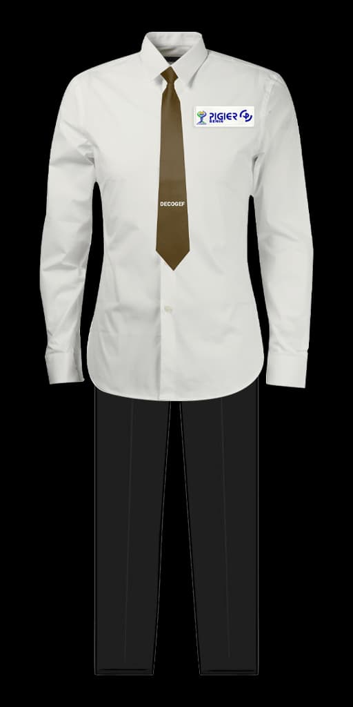 Tenue formelle DECOGEF : chemise beige à écussons Pigier-Bénin et UEMOA, cravate marron « DECOGEF » et pantalon noir